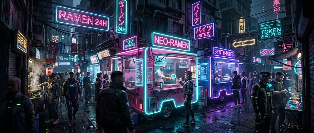 Ein pulsierender, neonbeleuchteter Streetfood-Markt bei Nacht